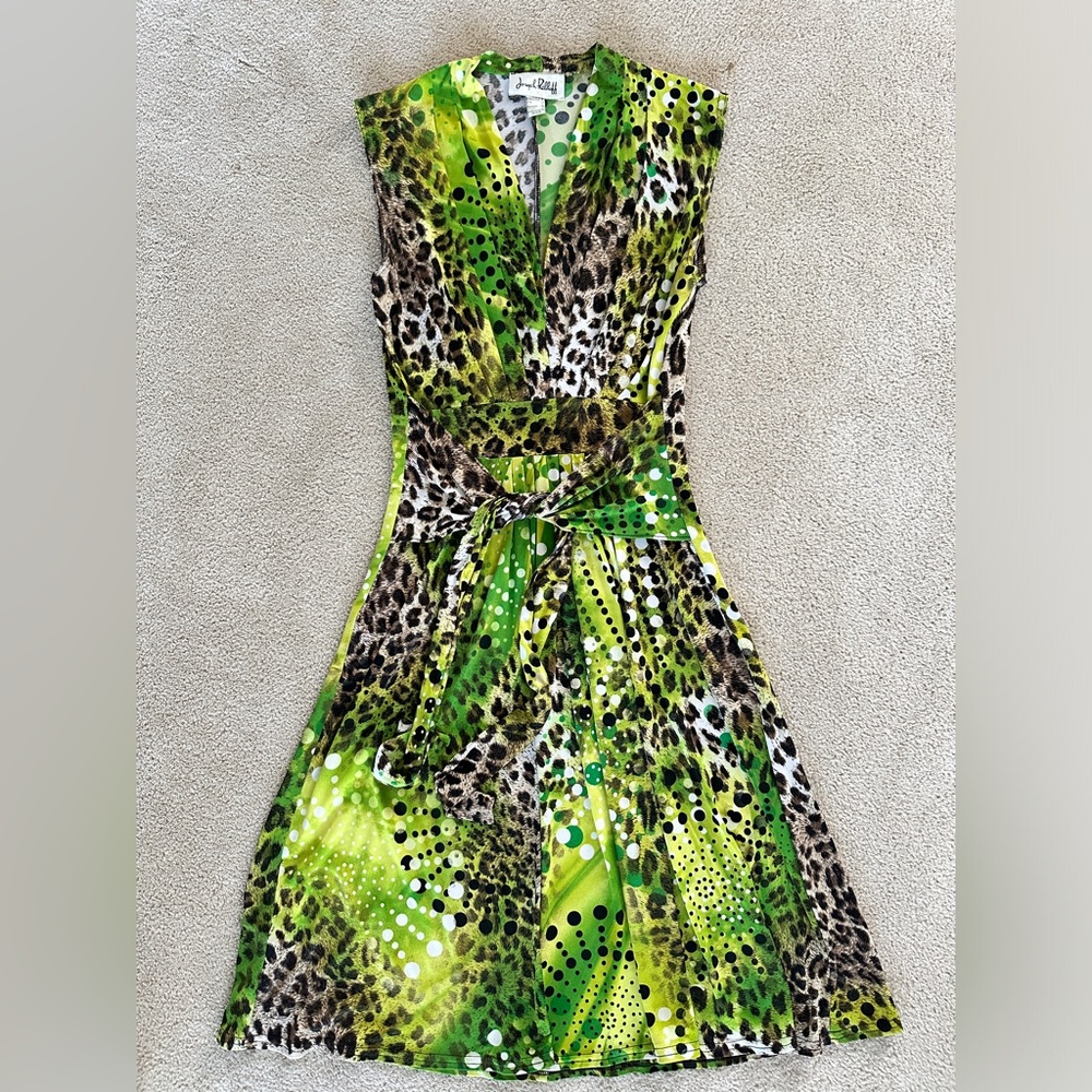 Joseph Ribkoff Green and Brown Animal Print Dress